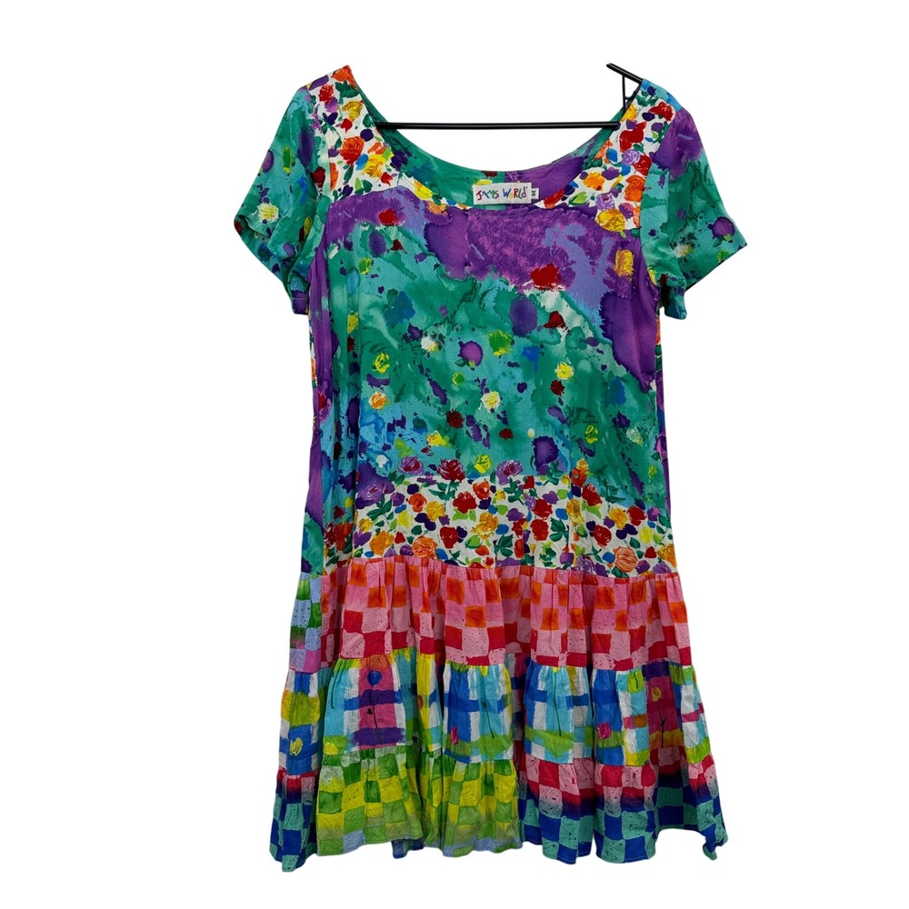 Jams World Dress Womens Medium Multicolor Floral Patchwork Tiered Rayon W329